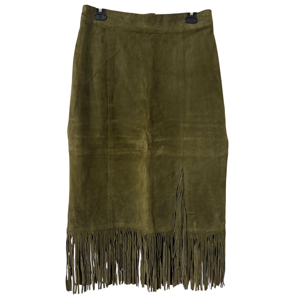 Via Accenti Womens 10 Midi Skirt Olive Green Suede Fringe Western Boho Vintage